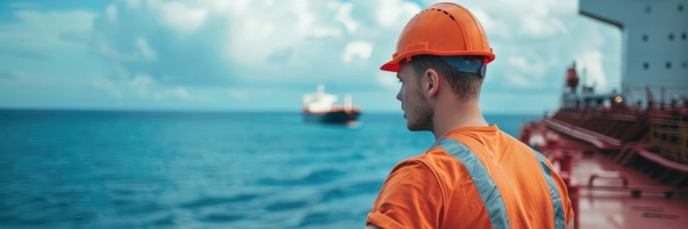 En person med hjelm står og ser utover havet ombord i et skip